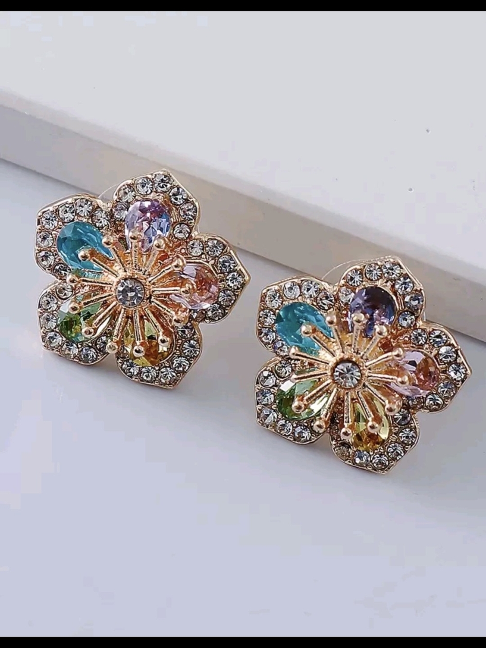 Multicolor Crystal Flower Stud Earrings - Gold Tone